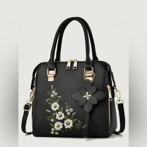 Black floral embroidery handbag